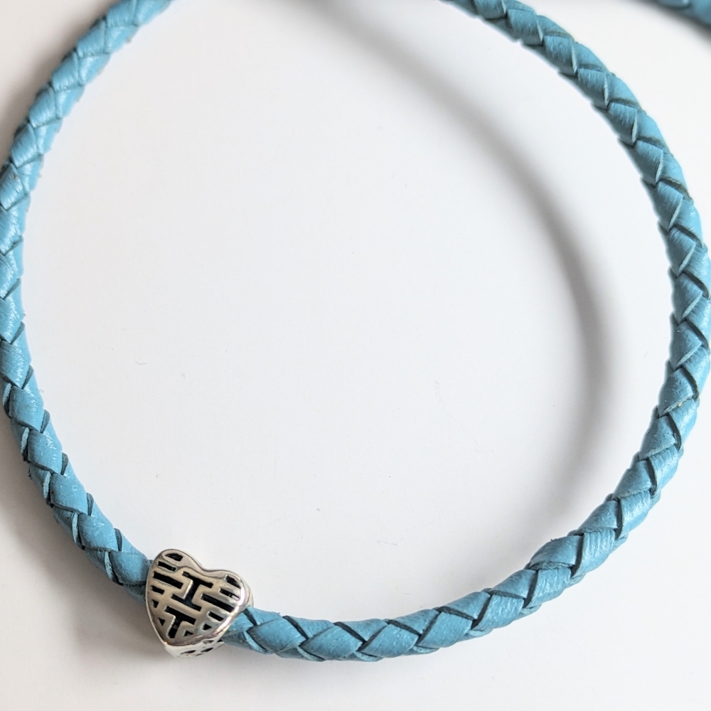 Double happiness sterling silver Chinese character teal leather bracelet